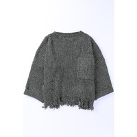 Gray Ripped Raw Hem Chunky Pullover Sweater - L thumbnail