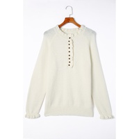 Beige Frill Trim Buttoned Knit Pullover Sweater - L thumbnail
