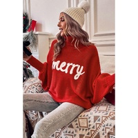 Azura Exchange Red Merry Letter Embroidered High Neck Sweater - S thumbnail