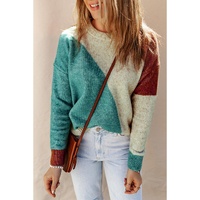 Multicolor Colorblock Ribbed Trim Round Neck Sweater - M thumbnail