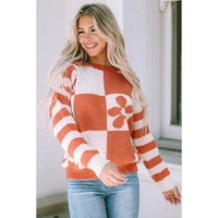 Brown Checkered Floral Print Striped Sleeve Sweater - L thumbnail