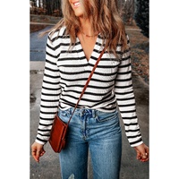 Stripe Collared V Neck Lightweight Knit Casual Sweater - M thumbnail