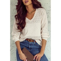 White Eyelet Pattern Detail V Neck Drop Shoulder Sweater - XL thumbnail
