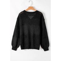Black Eyelet Pattern Detail V Neck Drop Shoulder Sweater - 2XL thumbnail