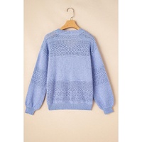 Sky Blue Eyelet Pattern Detail V Neck Drop Shoulder Sweater - S thumbnail