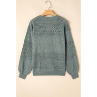 Mist Green Eyelet Pattern Detail V Neck Drop Shoulder Sweater - S thumbnail