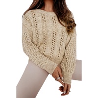 Khaki Eyelets Cable Knit Drop Shoulder Sweater - L thumbnail