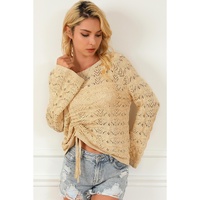 Khaki Hollowed Knit Asymmetric Drawstring Sweater - M thumbnail