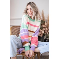 Multicolor Striped Colorblock Drop Shoulder Sweater - L thumbnail