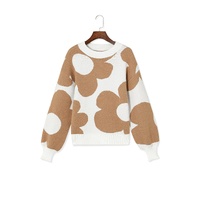 Khaki Big Flower Pattern Drop Shoulder Sweater - S thumbnail