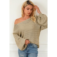 Apricot Lantern Sleeve Eyelets Textured Knit Sweater - M thumbnail