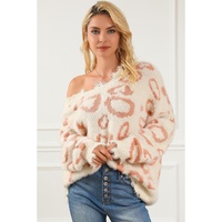Leopard Animal Print Distressed Trim Fuzzy Sweater - M thumbnail