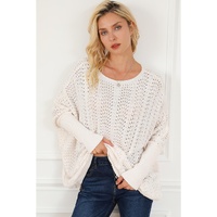 Beige Ribbed Hollow Knit Dolman Sleeve Sweater - M thumbnail