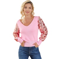 Pink Contrast Sequin Sleeve V Neck Ribbed Knit Sweater - M thumbnail