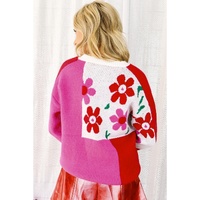 Rose Red Floral Mixed Color Block Sweater - L thumbnail