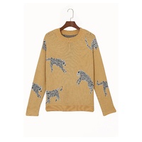 Camel Fuzzy Cheetah Accent Round Neck Sweater - L thumbnail