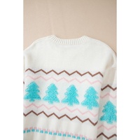 White Striped Christmas Tree Ribbed Trim Drop Shoulder Sweater - S thumbnail