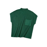 Blackish Green Patch Pocket Ribbed Knit Short Sleeve Sweater - M thumbnail