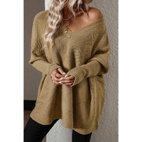 Camel Checkered Textured Batwing Sleeve Sweater - L thumbnail
