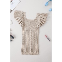 Beige Pointelle Knit Flutter Sleeve Sweater - M thumbnail