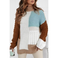 Khaki Mix Textured Knit Colorblock Patchwork Sweater - L thumbnail