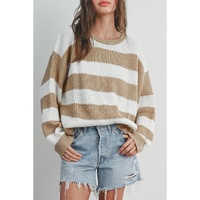 Light French Beige Colorblock Striped Drop Shoulder Side Slit Sweater - L thumbnail