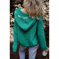Sea Green Cable Knit V Neck Contrast Drawstring Hooded Sweater - S thumbnail