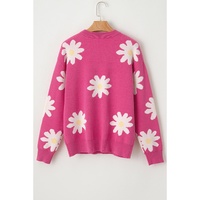 Bright Pink Daisy Flower Crew Neck Long Sleeve Sweater - M thumbnail