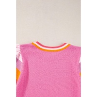 Bright Pink Contrast Flutter Sleeves Knitted Sweater T Shirt - M thumbnail