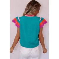 Turquoise Contrast Flutter Sleeves Knitted Sweater T Shirt - S thumbnail
