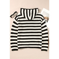 White Stripe V Neck Pocketed Drawstring Hooded Sweater - S thumbnail