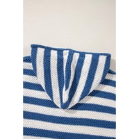 Blue Stripe V Neck Pocketed Drawstring Hooded Sweater - S thumbnail