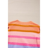 Rose Red Colorful Stripe Bubble Short Sleeve Sweater - M thumbnail