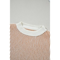 Chestnut Striped Textured Knit Contrast Edge Loose Sweater - L thumbnail