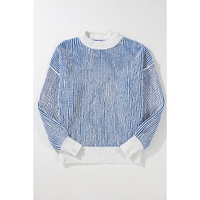 Dark Blue Striped Textured Knit Contrast Edge Loose Sweater - 3XL thumbnail