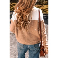 Straw Yellow Colorblock Ribbed Trim Round Neck Sweater - L thumbnail