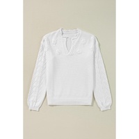 White Flower Detail Knitted Notched Neck Sweater - S thumbnail