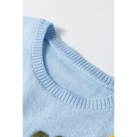 Light Blue Knitted Flower Pattern Ribbed Edge Sweater - M thumbnail