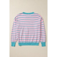 Pink Stripe Trimmed Round Neck Drop Shoulder Loose Sweater - XL thumbnail