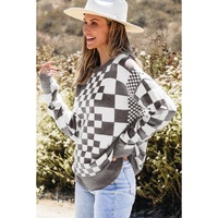 Gray Checkered Print Drop Shoulder Round Neck Sweater - L thumbnail