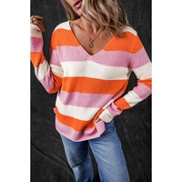 Orange Stripe Colorblock V Neck Casual Sweater - L thumbnail
