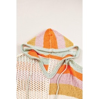 Beige Oversized Colorblock V Neck Hooded Sweater - L thumbnail