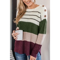 Green Color Block Striped Buttoned Shoulder Split Sweater - S thumbnail