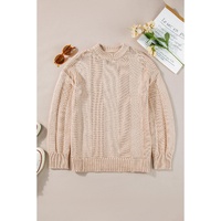 Pale Khaki Solid Color Cable Knit Ribbed Loose Sweater - L thumbnail