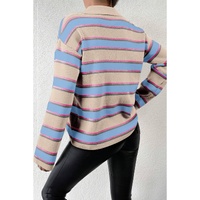 Apricot Stripe Collared V Neck Drop Shoulder Loose Sweater - L thumbnail