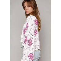 White Contrast Flower Print Eyelet Drop Shoulder Sweater - L thumbnail
