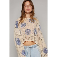Beige Contrast Flower Print Eyelet Drop Shoulder Sweater - M thumbnail