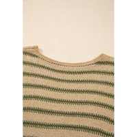 Khaki Stripe Drop Shoulder Casual Sweater - L thumbnail