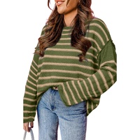 Green Stripe Drop Shoulder Casual Sweater - M thumbnail