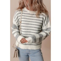 Gray Stripe Drop Shoulder Crew Neck Sweater - L thumbnail